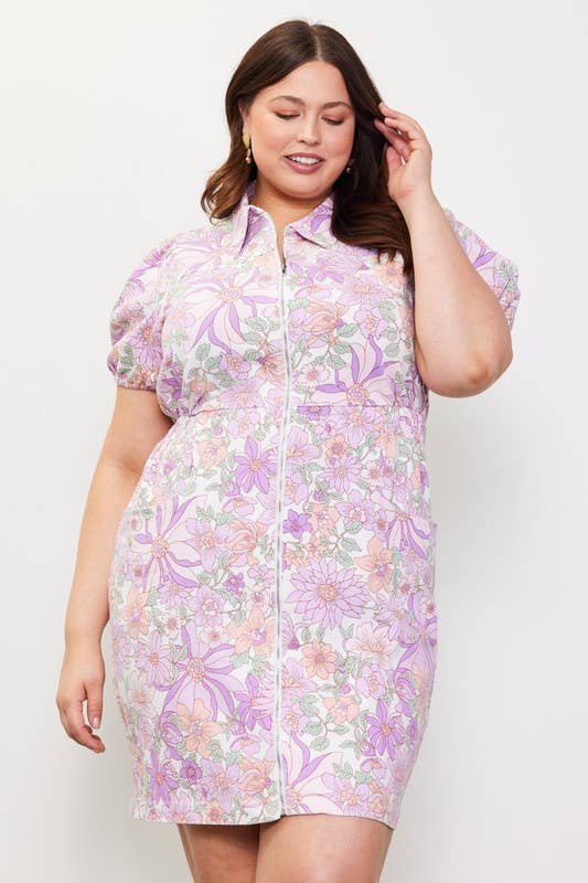 Plus Size Woven Twill Floral Zip Up Shirt Dress