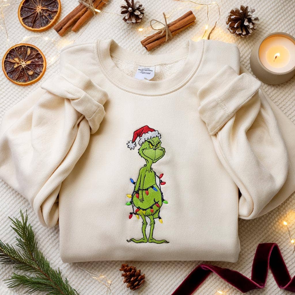 Embroidered Grinch Christmas Lights Sweatshirt