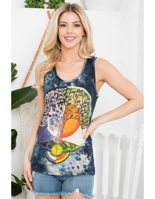 Sun Moon Tree of Life Print Tie-Dye Tank Top
(TH-1607)