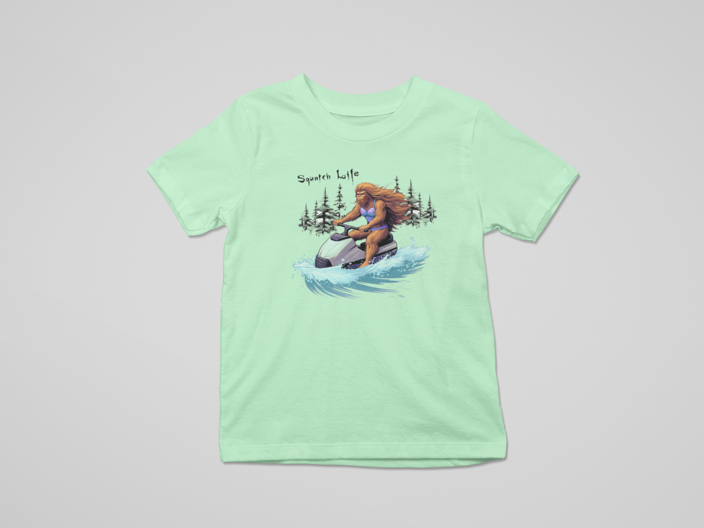 Squatch Life Jet Skiing Girl Bigfoot Mint Green T-Shirt