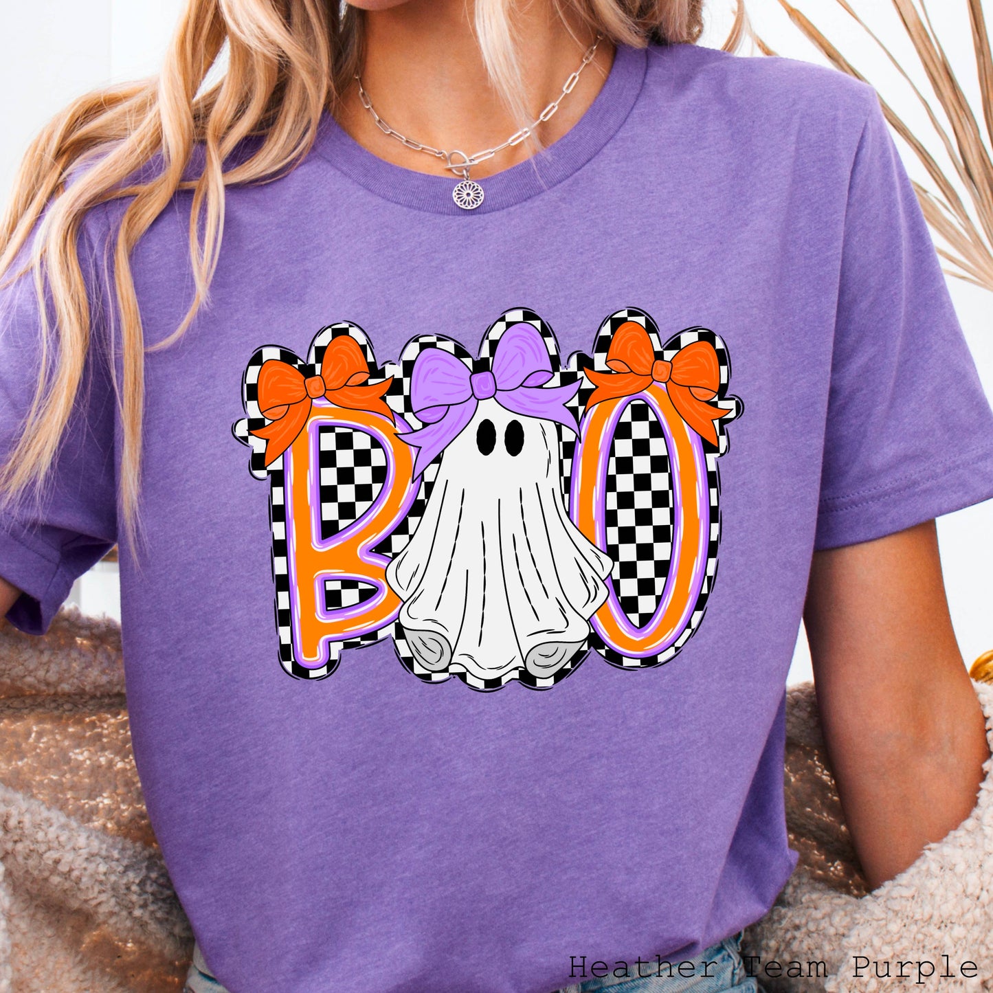 Halloween 2025 Checkered Boo Graphic Tee | Bella Canvas