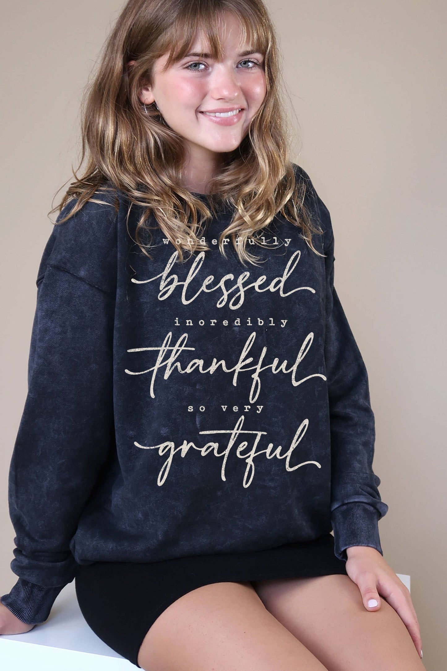 Blessed Thankful Grateful Graphic Mineral Brushed Sweatshirt