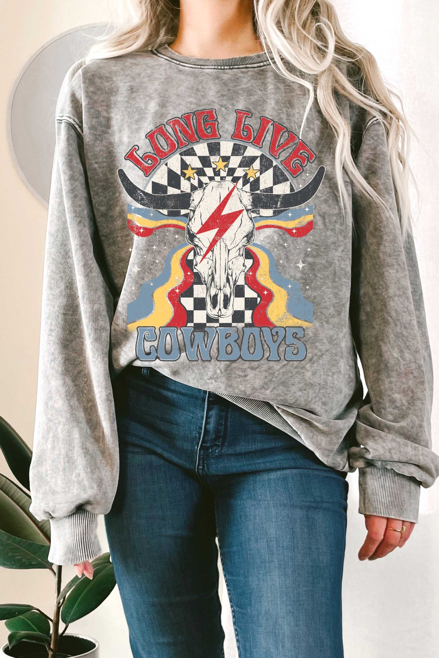 Long Live Cowboys Cow Skull Mineral Graphic Terry Sweatshirt
