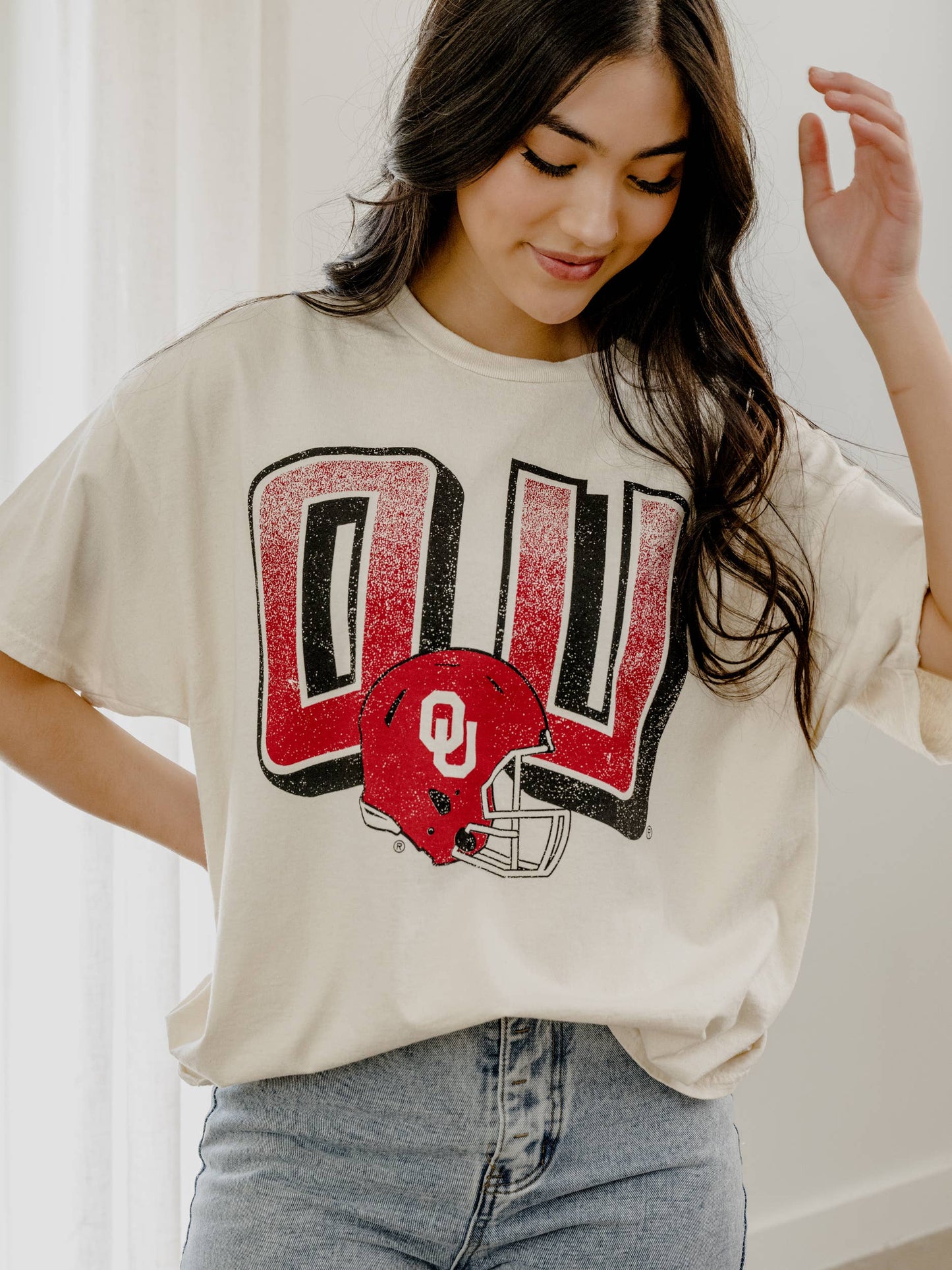 Ou Sooners Helmet Fade Off White Thrifted Tee