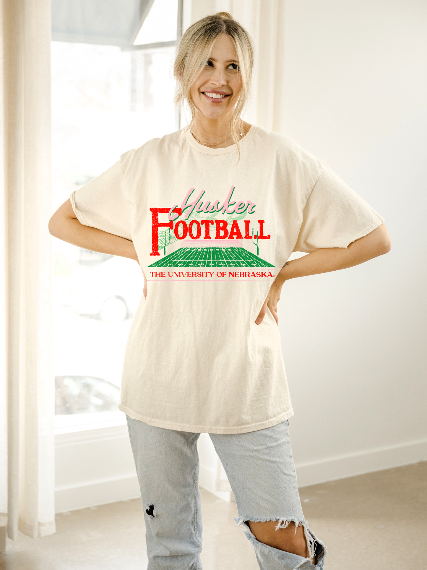 Nebraska Huskers Football Field Off White Thrifted Tee