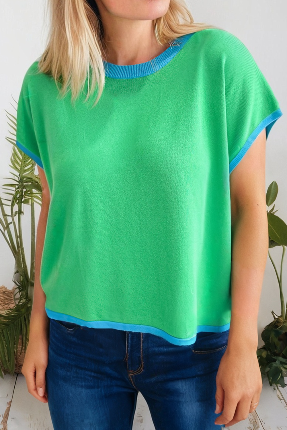 Lucky Contrast Trim Short Sleeve Loose Knit Sweater (S-Xl)