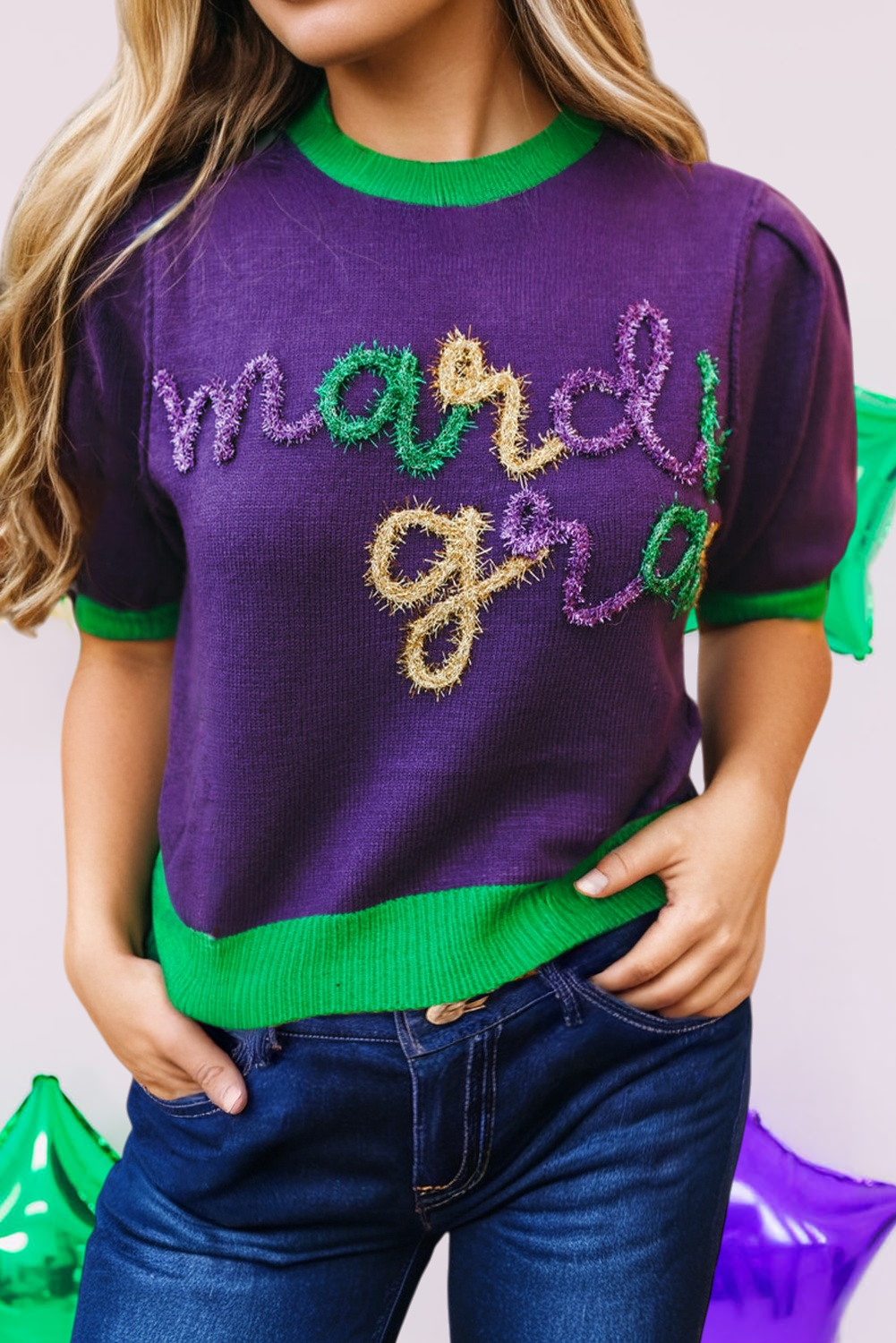 Mardi Gras Tinsel Graphic Short Sleeve Sweater (S-Xl)