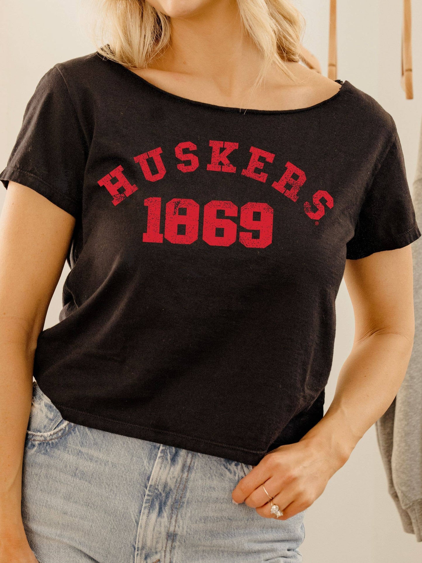 Nebraska Huskers College Arch Black Off Shoulder Tee
