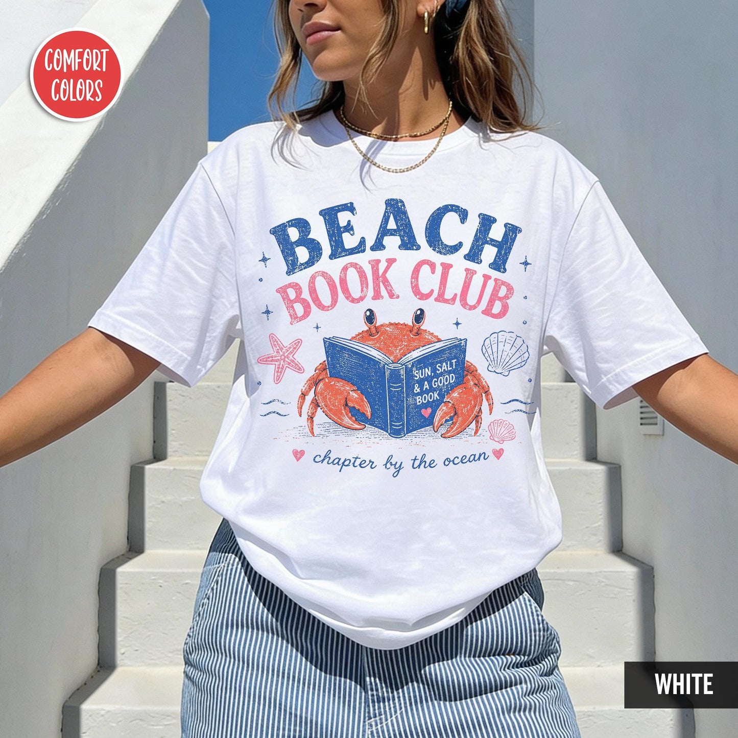Beach Book Club Bookish Comfort Color Summer Crab Book Lover Book Girl Summer Tee Reading Bookish (5)