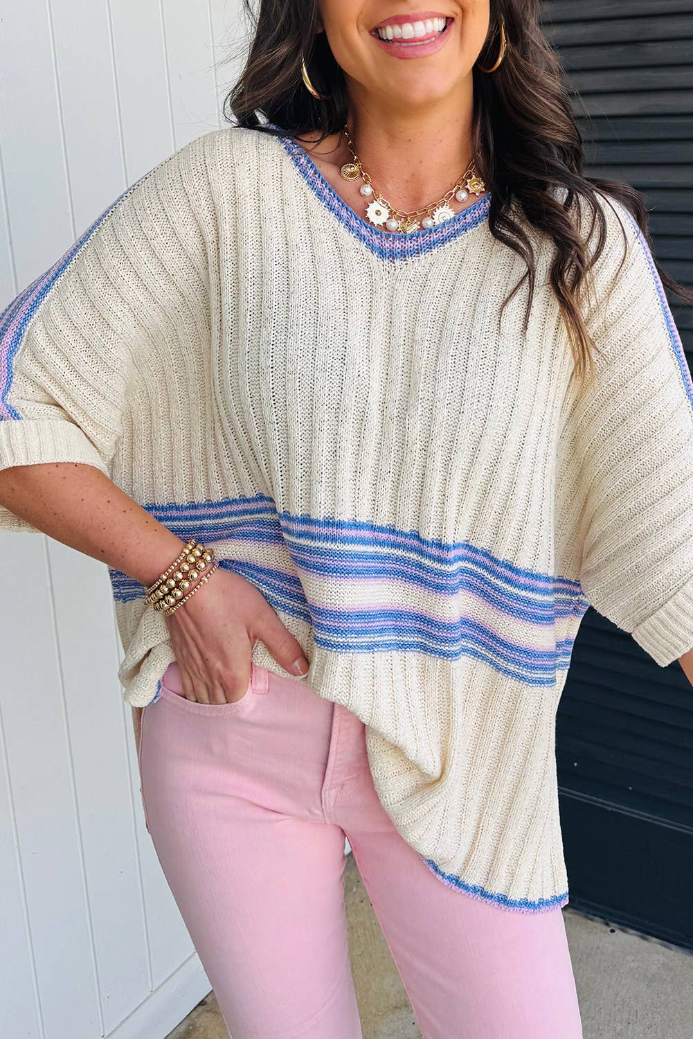 Striped V Neck Dolman Sleeve Rib Knit Oversized Sweater