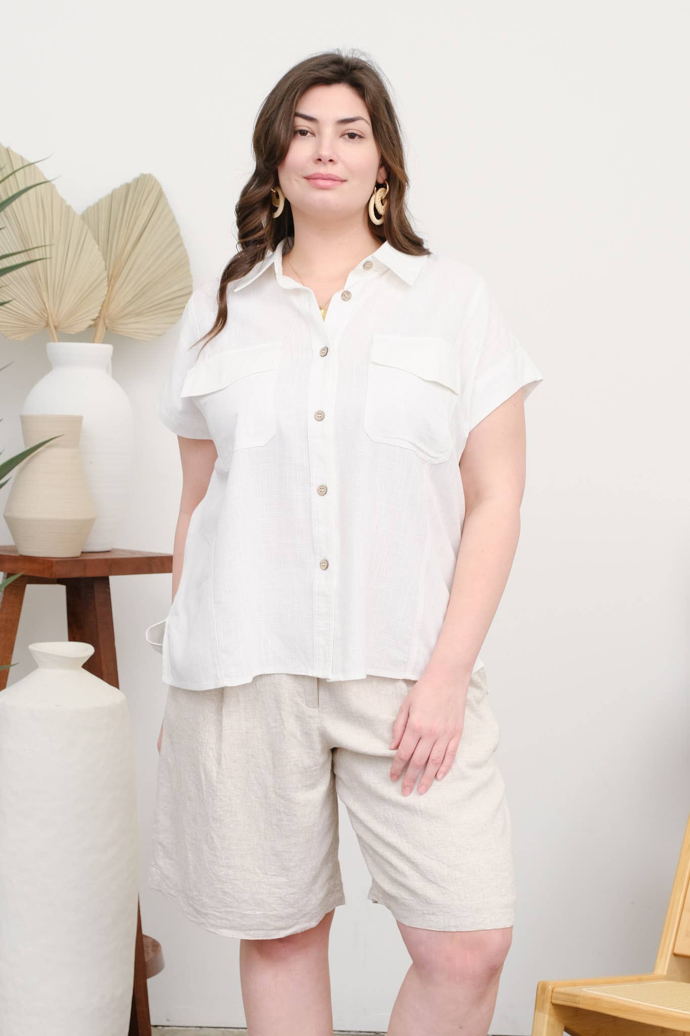 Plus Collared Short Sleeve Button Down Boxy Shirt
