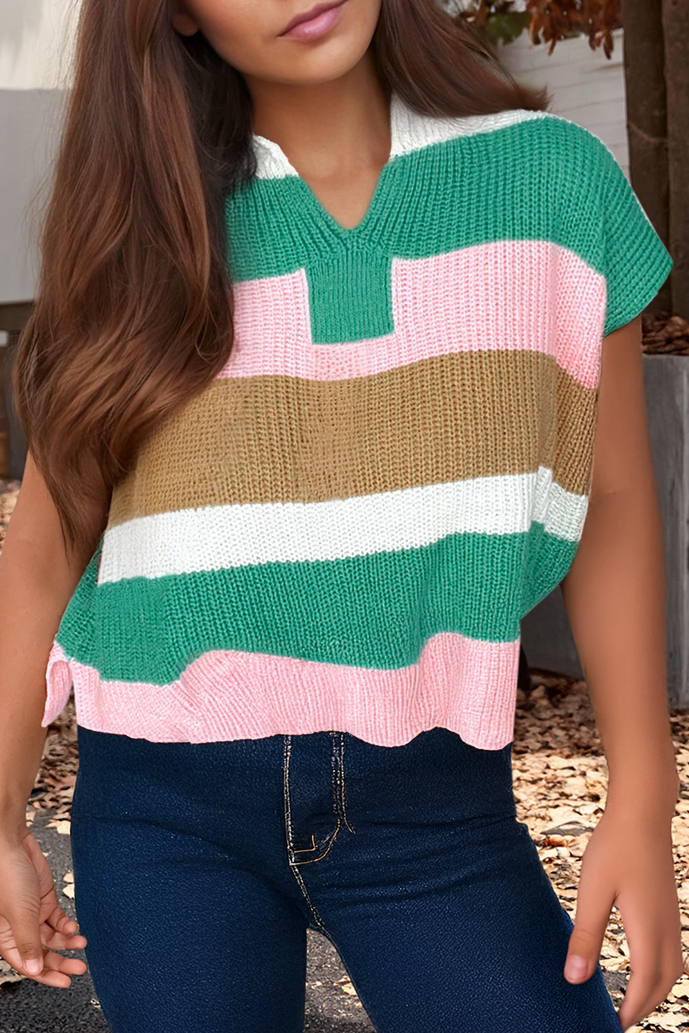 Spring 2026 V Neck Colorblock Stripe Sweater (S-Xl)
