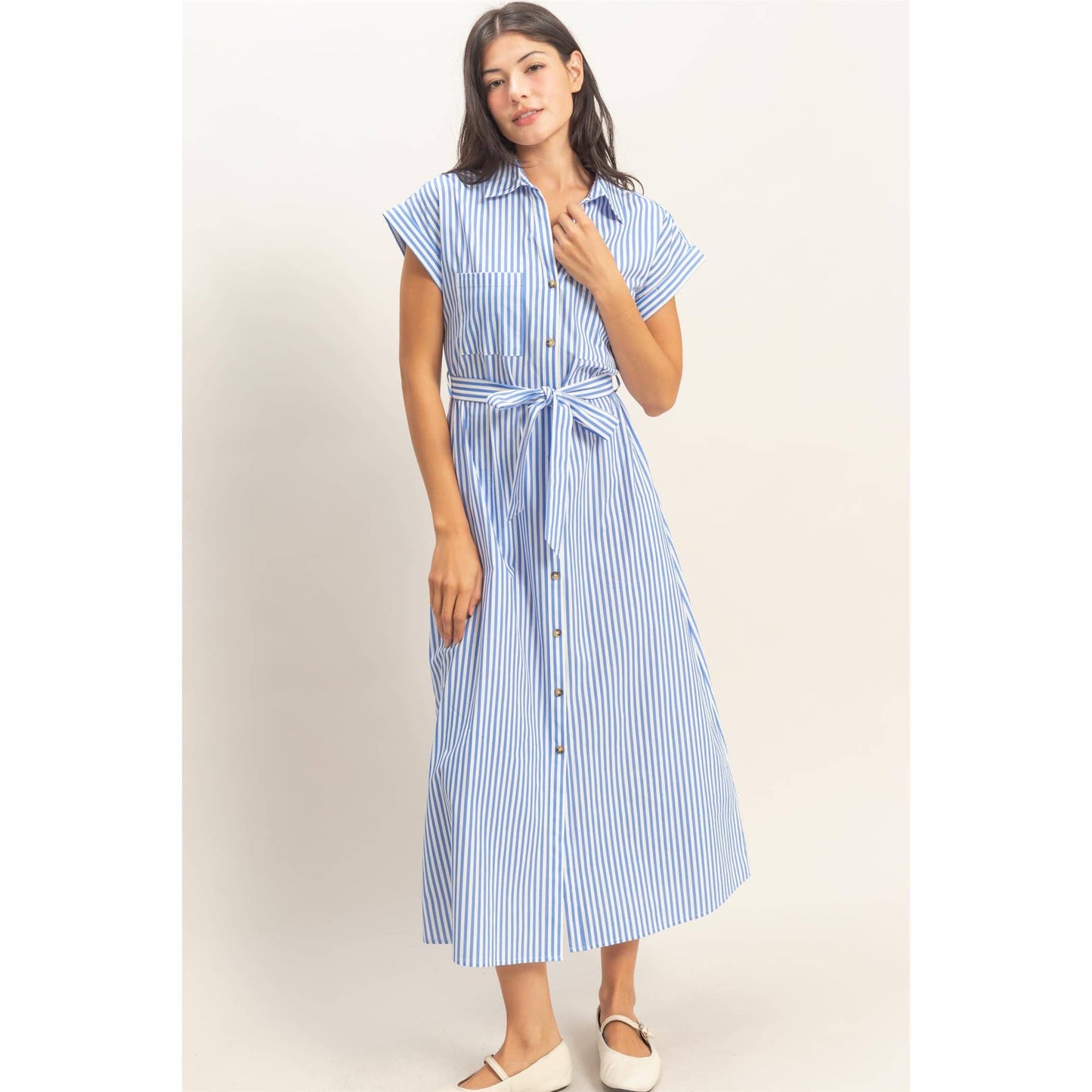 Striped Poplin Belted Shirt Dress with Pockets