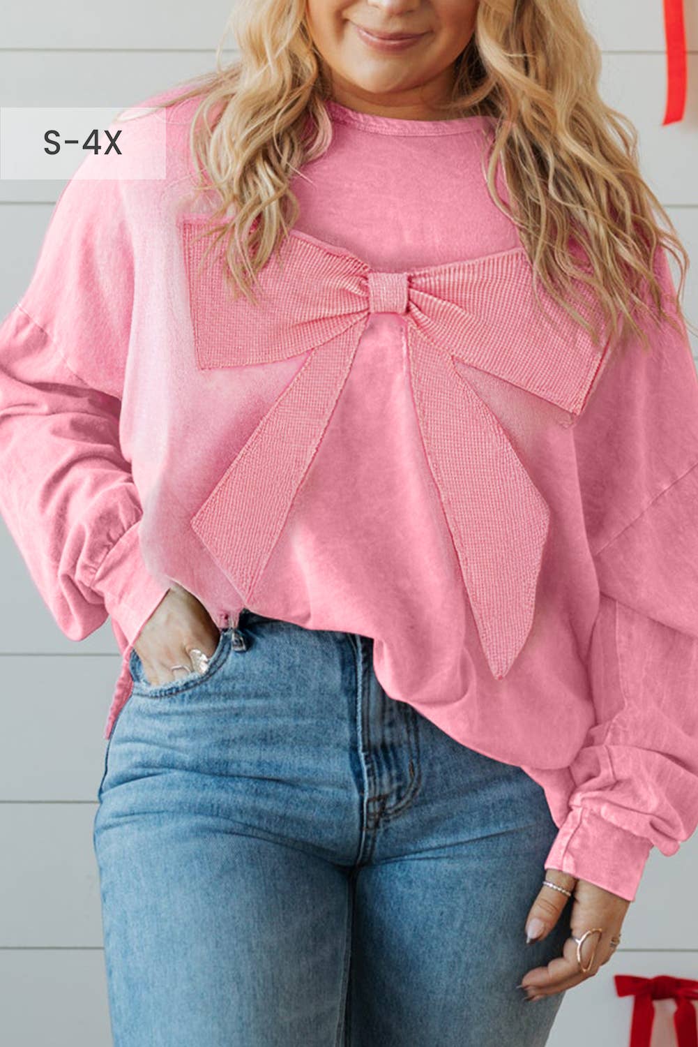 Mineral Wash Bow Patchwork Waffle Plus Sweatshirt (S-4X)