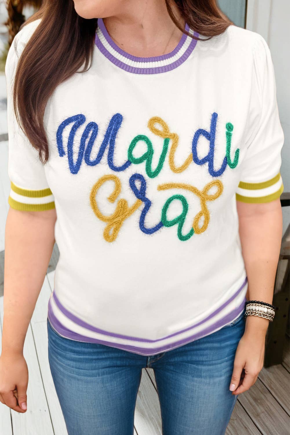 Mardi Gras Tinsel Letter Graphic Striped Sweater (S-Xl)