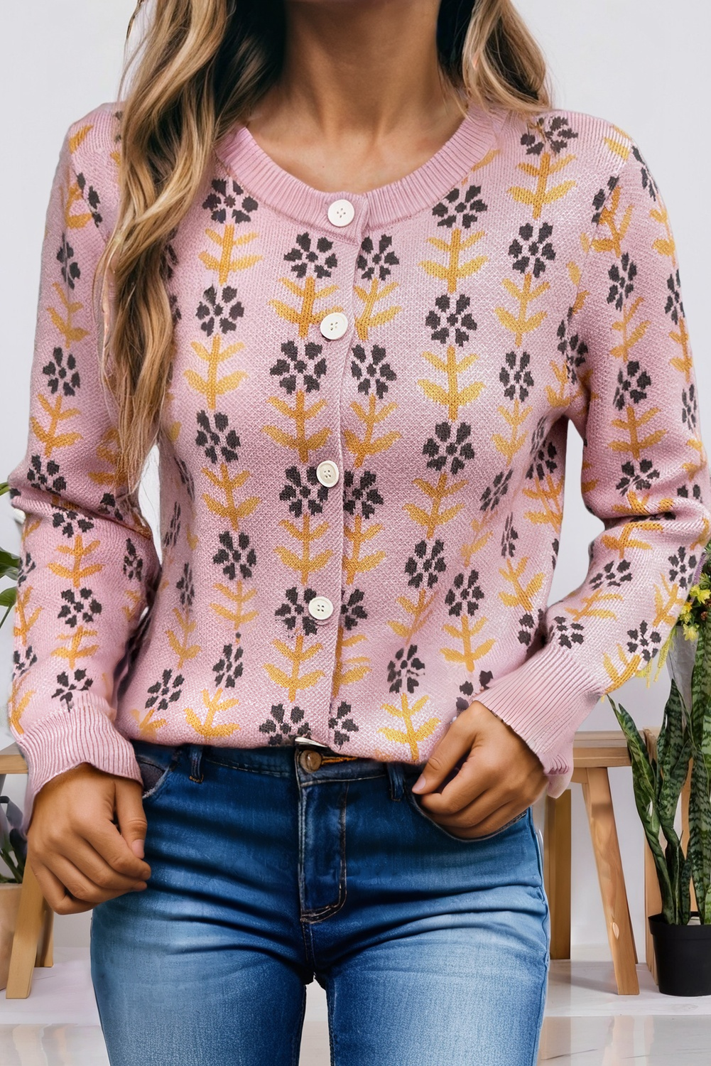 Floral Button Down Ribbed Banded Cardigan Sweater