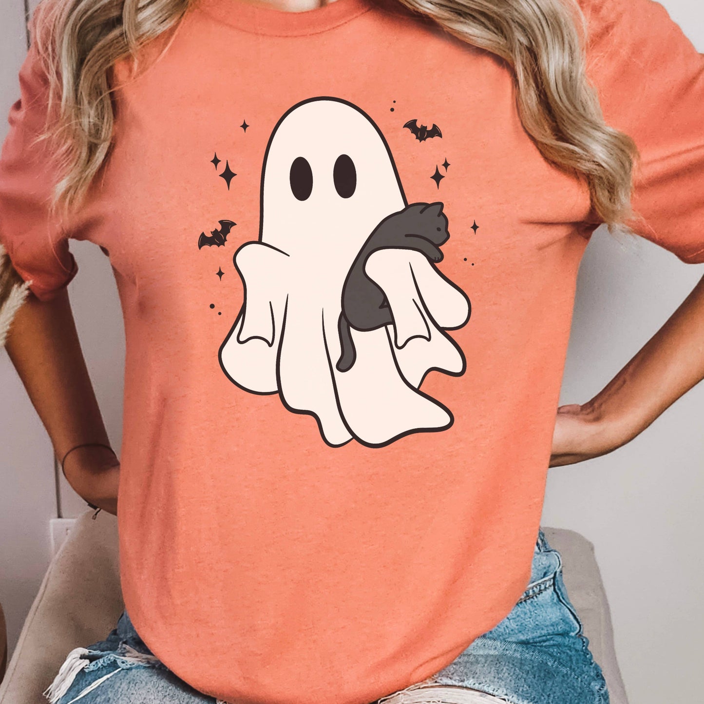 Halloween 2025 Ghost & Cat Graphic Tee | Bella Canvas