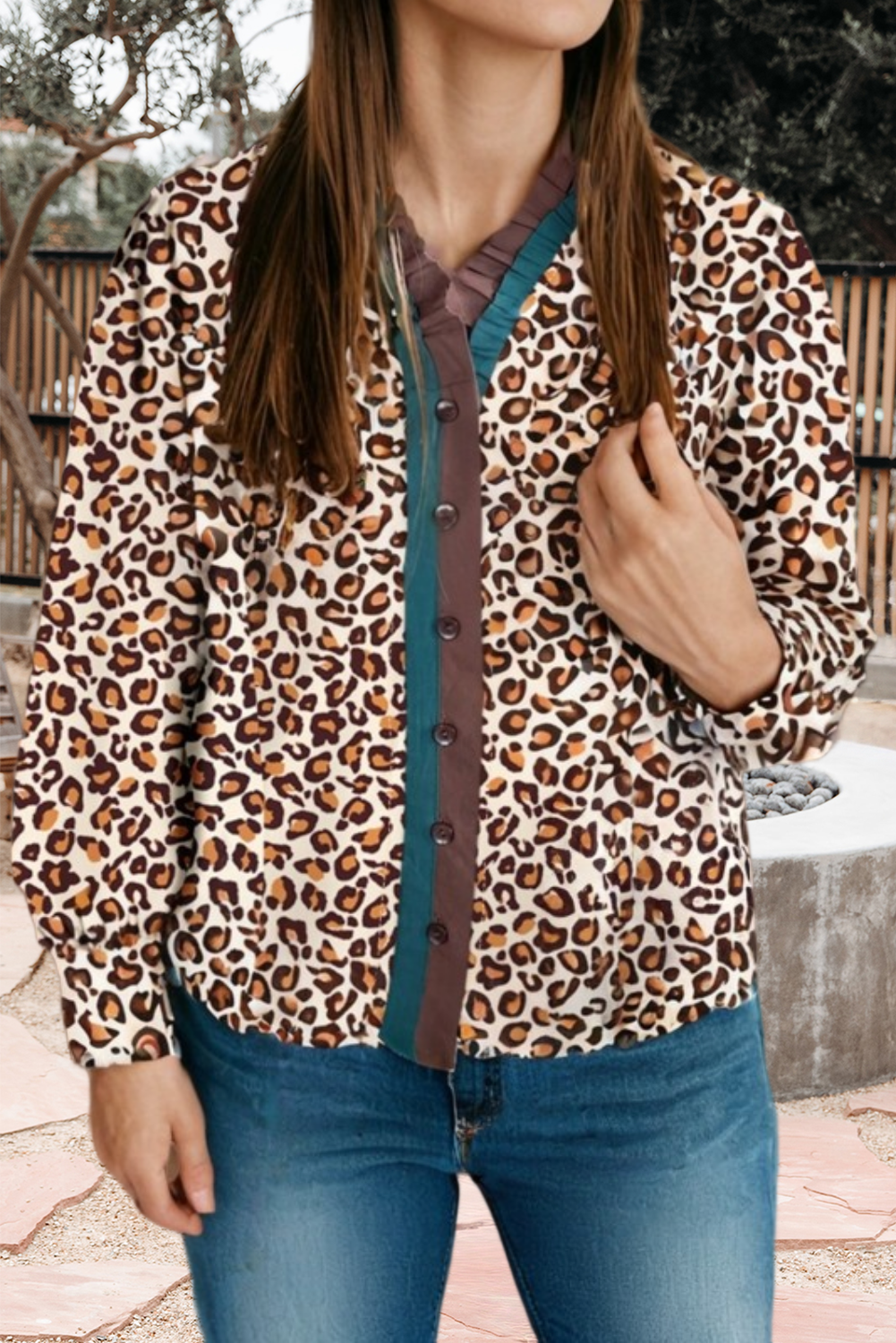 Leopard Print Contrast Frilled Trim Button Down Shirt (S-Xl)