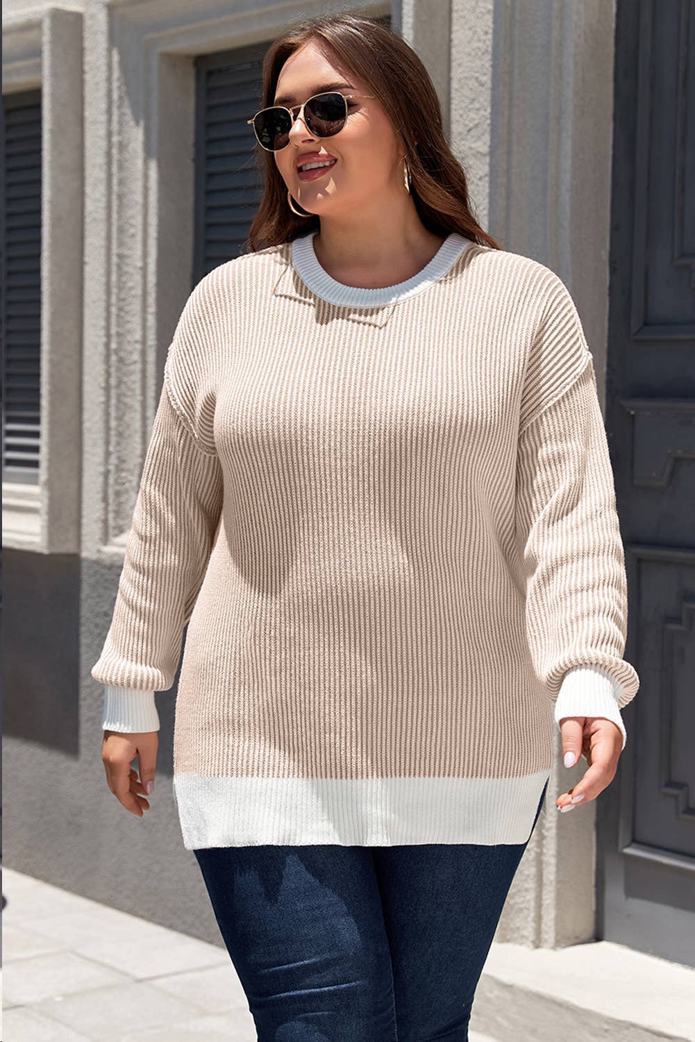Stripe Plus Size Contrast Trim Crew Neck Rib Knit Sweater