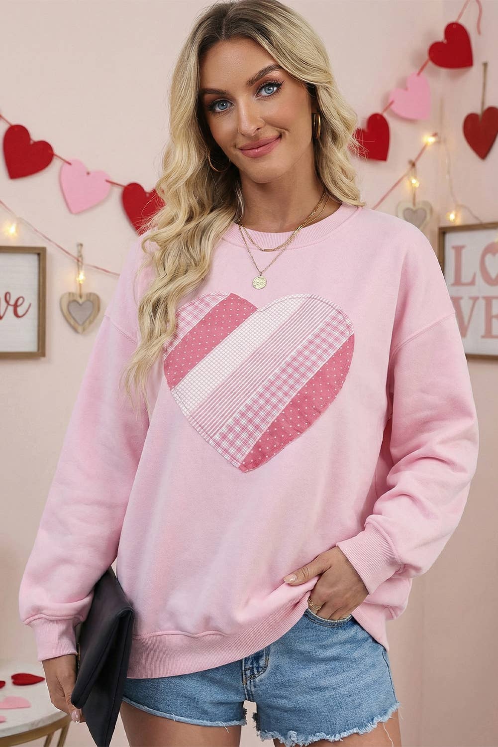 Sweetheart Patchwork Round Neck Oversize Sweatshirt (S-Xl)