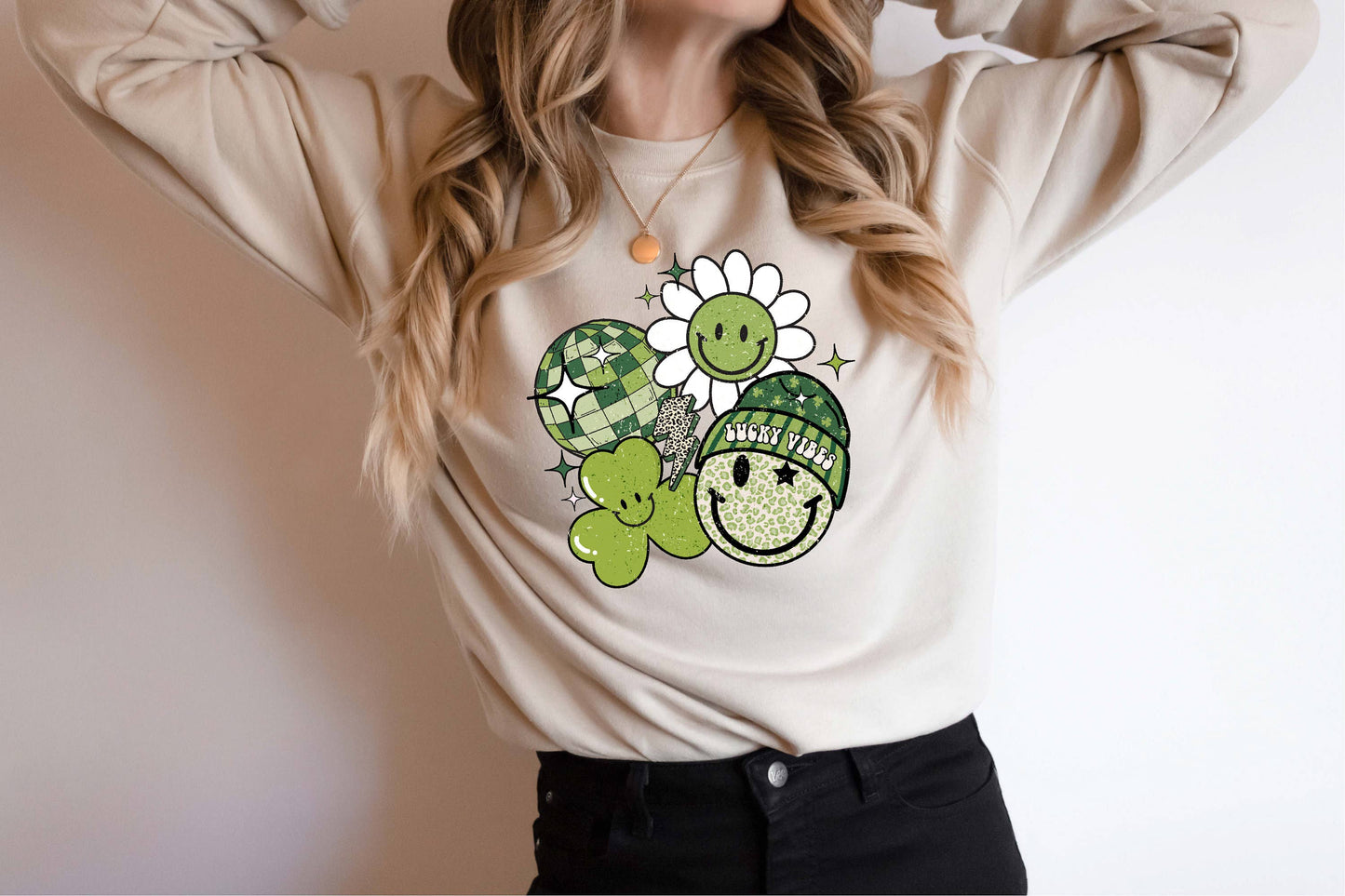Lucky Vibes Sweatshirt with Smiley Faces and Shamrocks