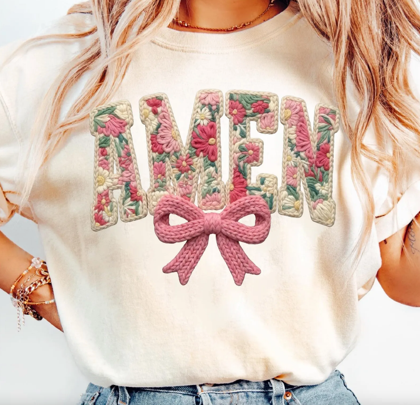 Coquette Amen Faux Yarn Crochet Comfort Color Tee
