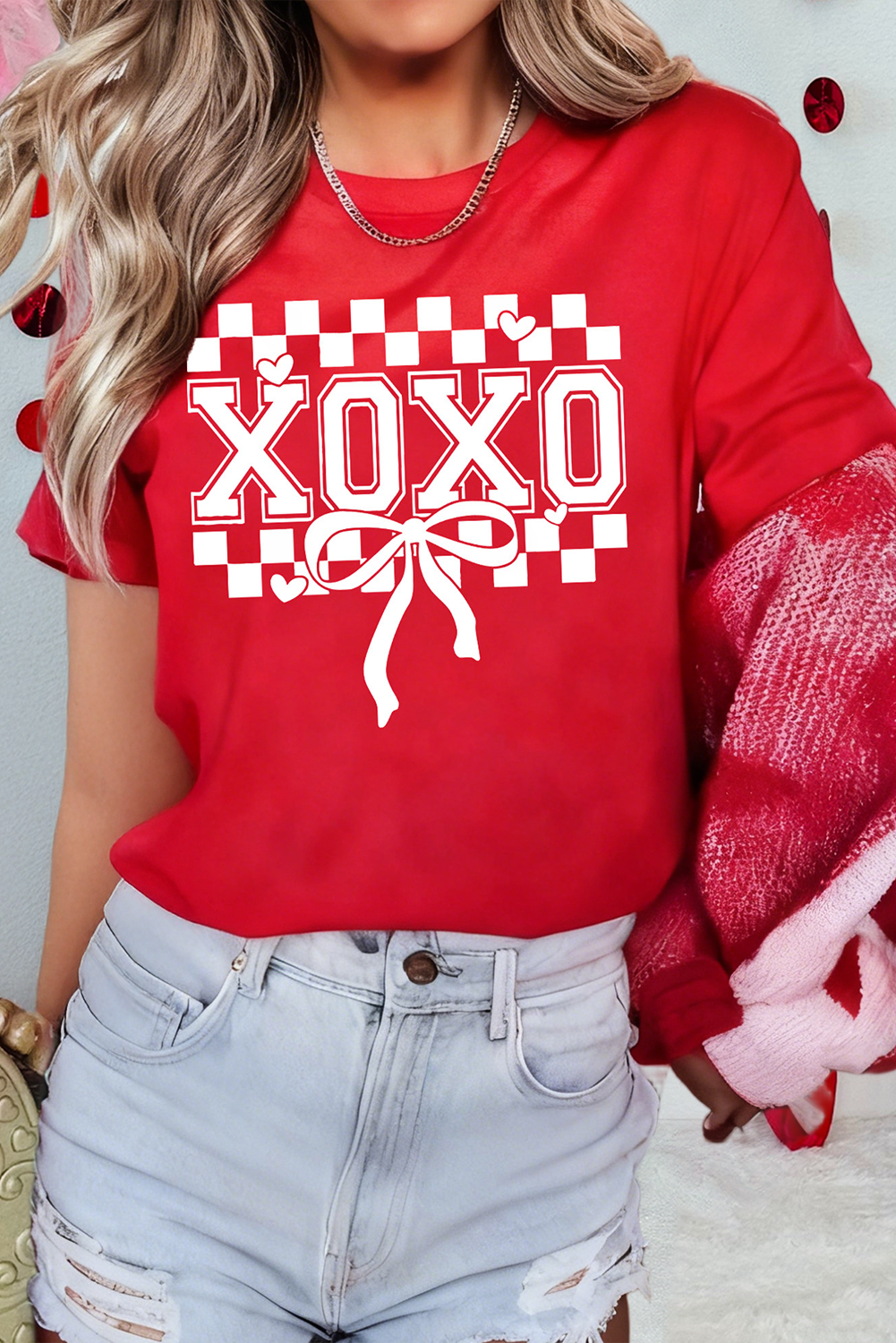 Xoxo Checkered Ribbon Bow Print Valentines Day Shirt (S-3XL)