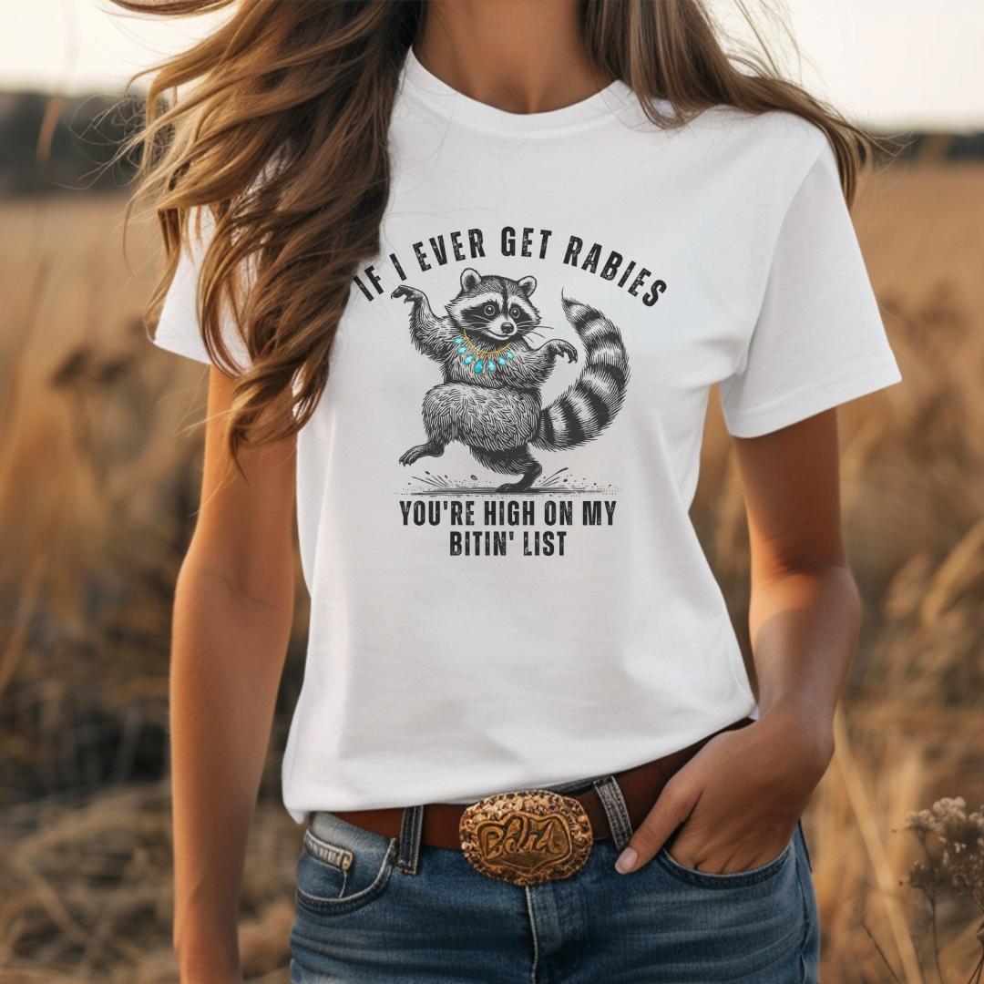 High On My Biting List Rabies Racoon Western Graphic Tee