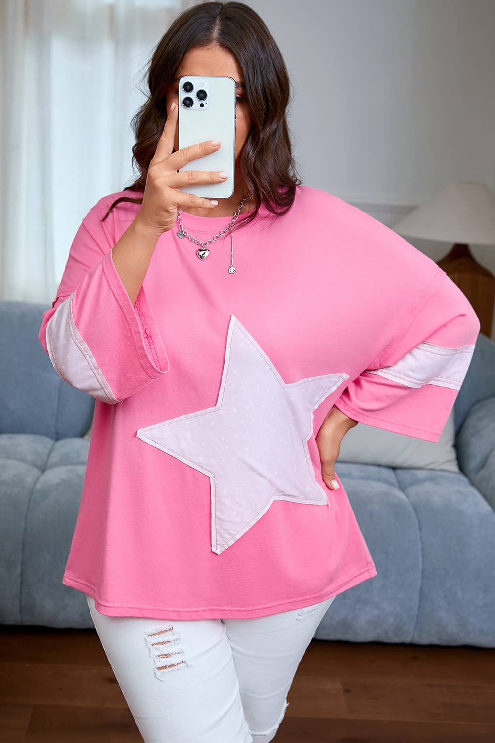 Star Patch Colorblock Raw Edge Bracelet Sleeve Plus Size Tee
