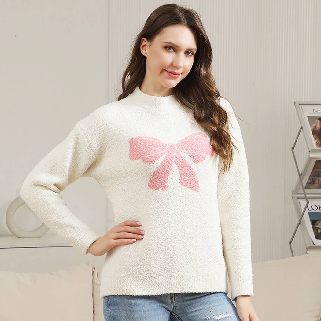 Ribbon Bow Print Cozy Crew Neck Sweater