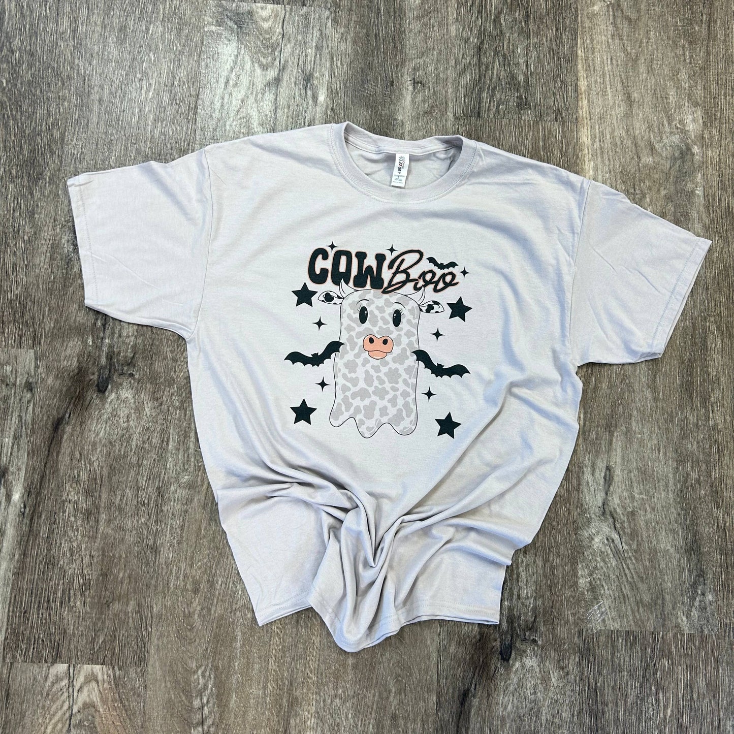 Cow Boo Ghost with Stars On Silver Tee