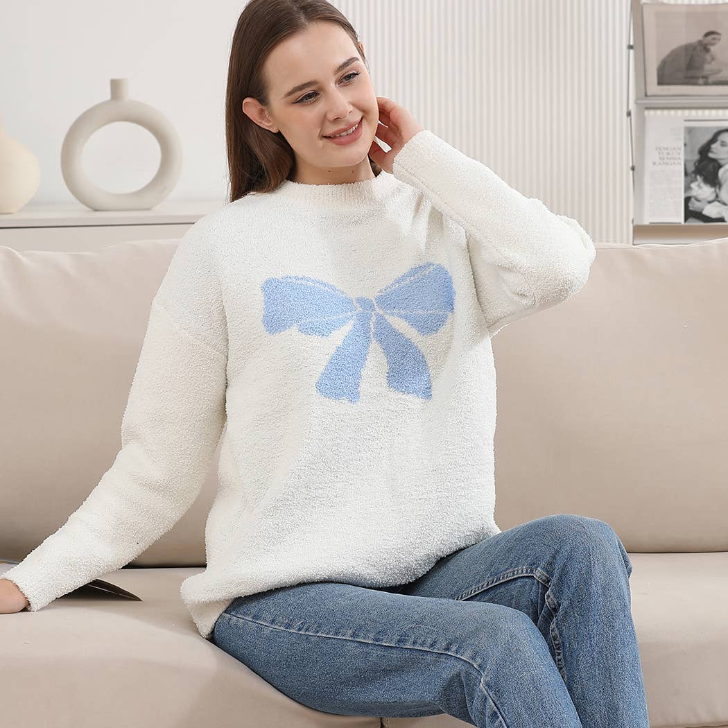 Blue Ribbon Bow Print Cozy Crew Neck Sweater
