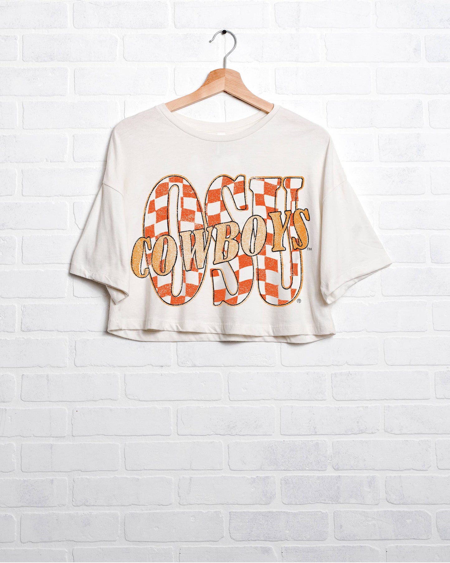 Osu Cowboys Twisted Check Off White Cropped Tee