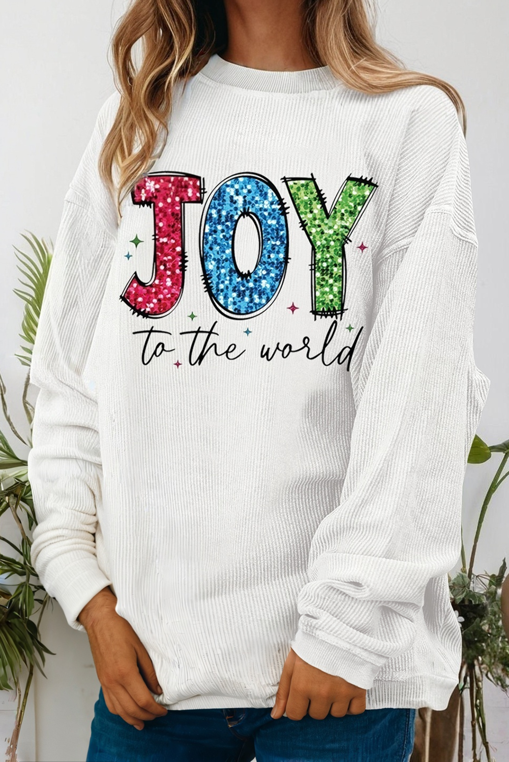 Joy To the World Ribbed Crewneck Pullover Sweatshirt (S-3XL)