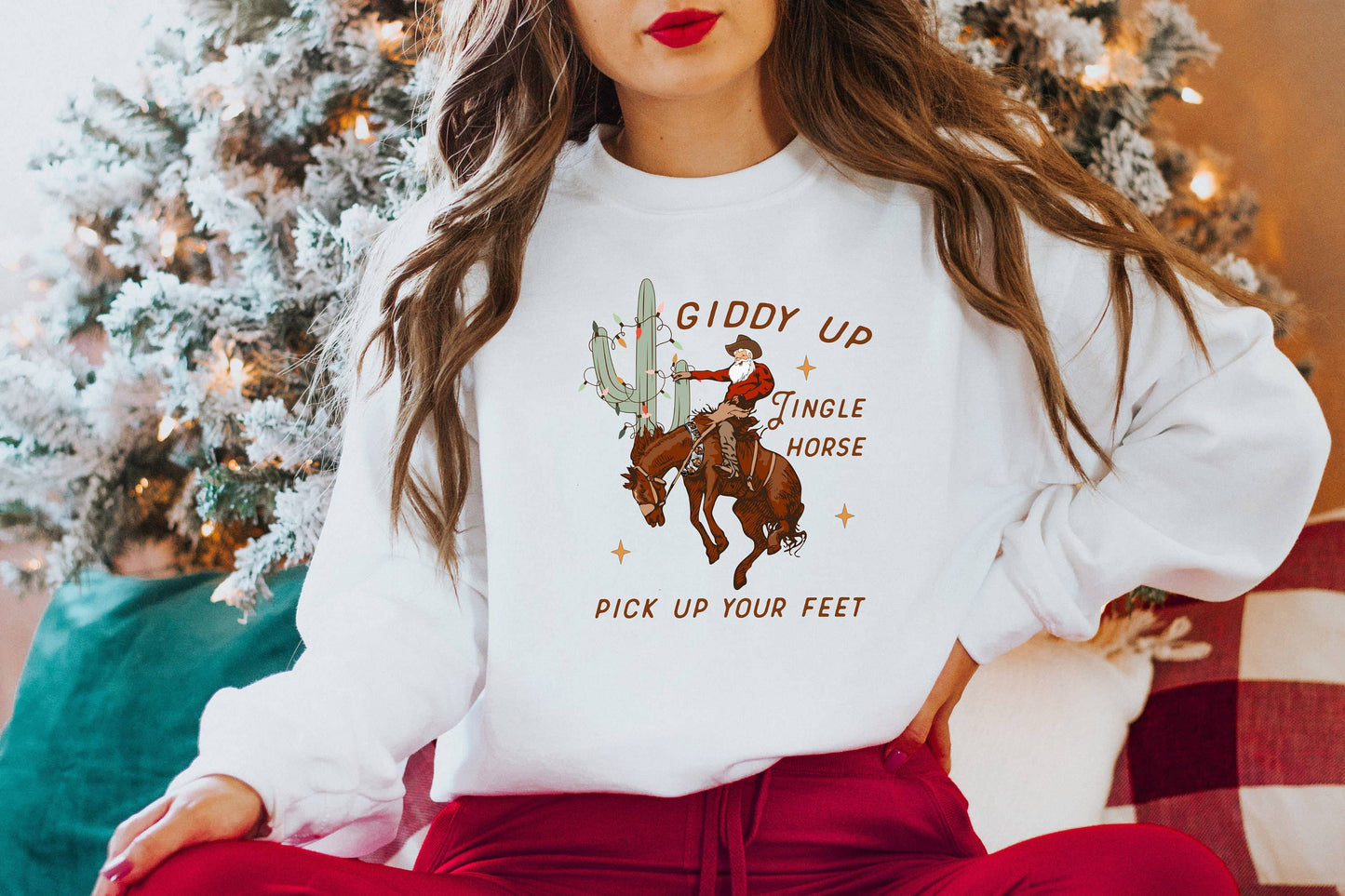 Cowboy Christmas Sweatshirt - Giddy Up Jingle Horse, Howdy!