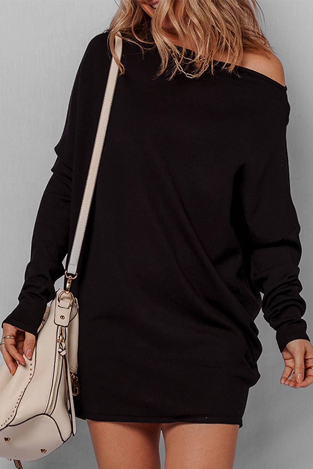 Asymmetric Neck Batwing Sleeve Mini Sweater Dress (S-Xl)