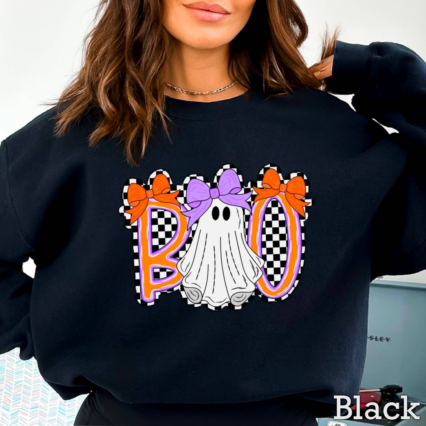 Checkered Boo Ghost Halloween 2025 Graphic Sweatshirt