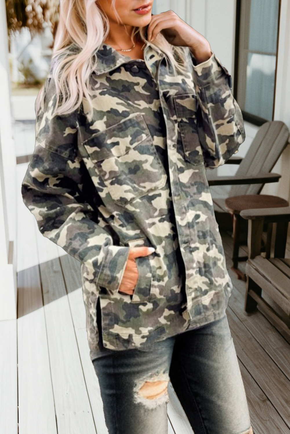 Camo Chest Pockets Loose Jean Jacket (S-Xl)