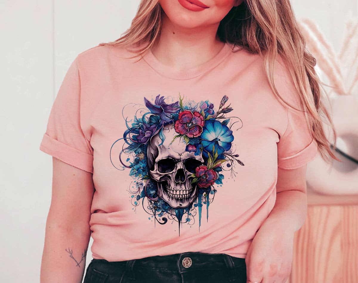 Floral Blue Skull - Flower Skull Graphic T-Shirt