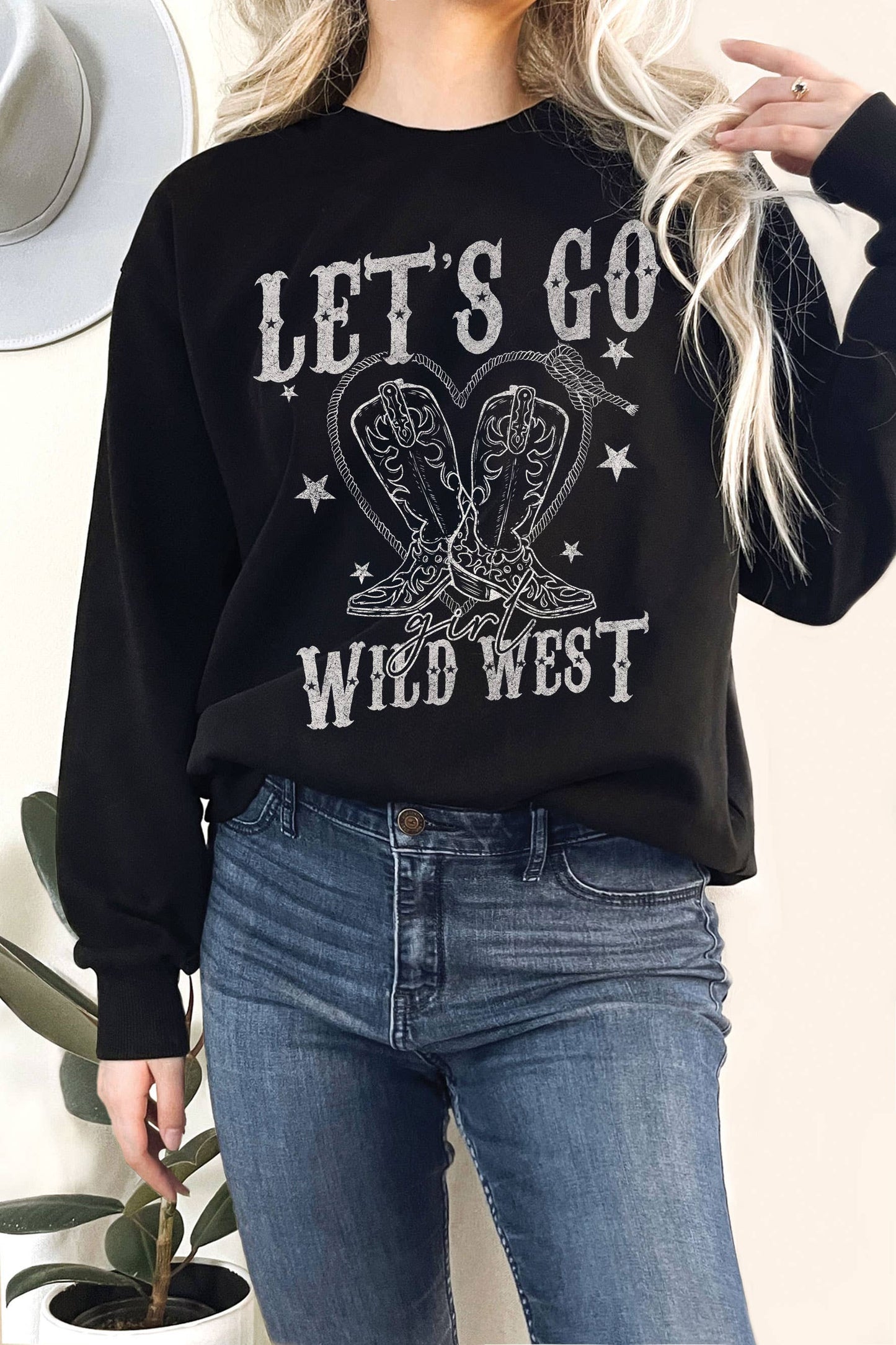 Let's Go Girl Wild West Boots Heart Graphic Terry Sweatshirt