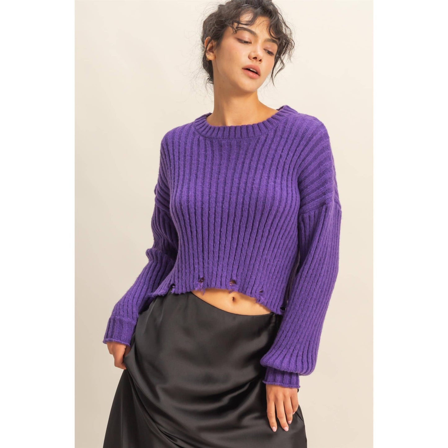 Ribbed Distressed Hem Sweater