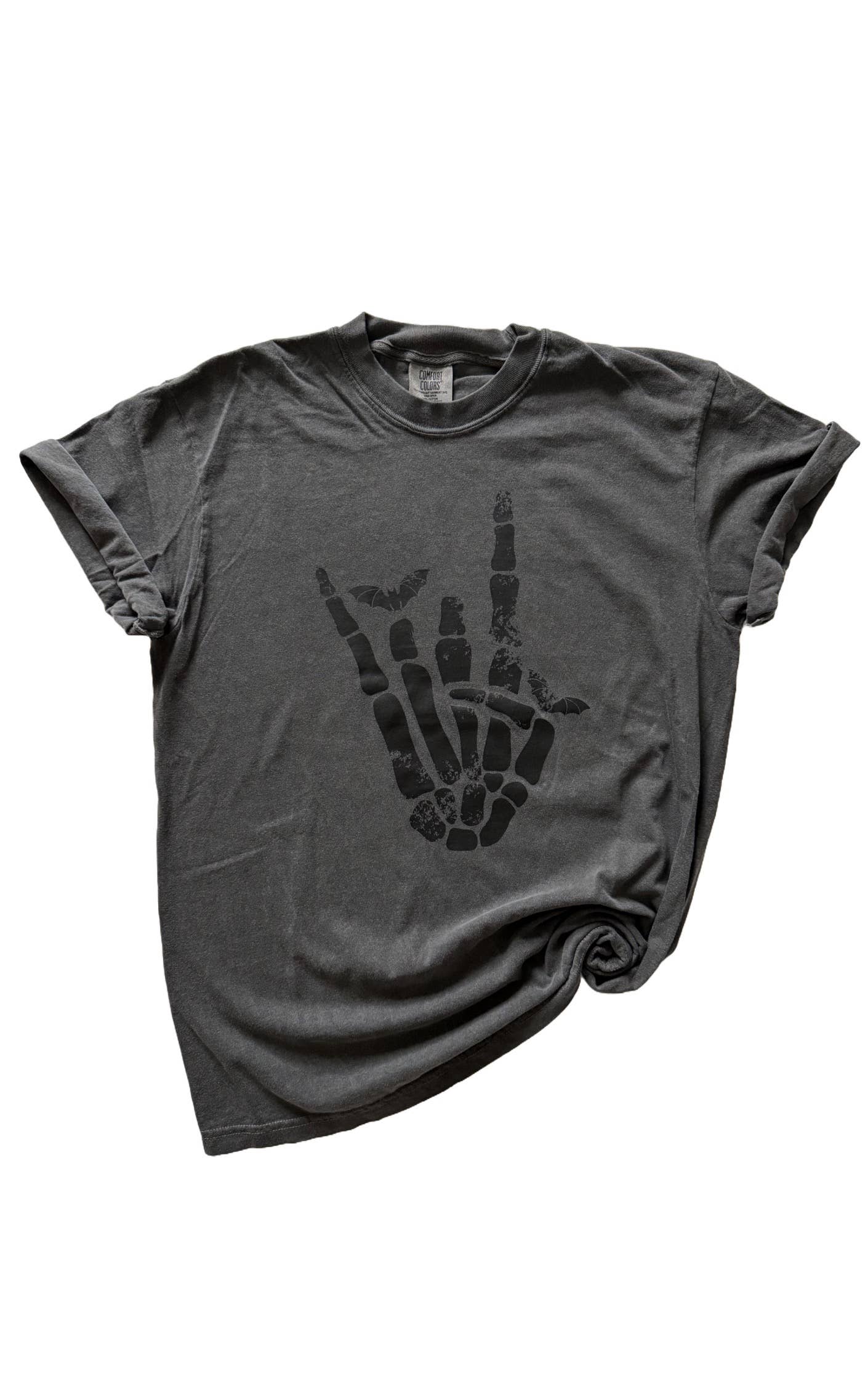 Rocker Skeleton Hand + Bats Halloween Tee