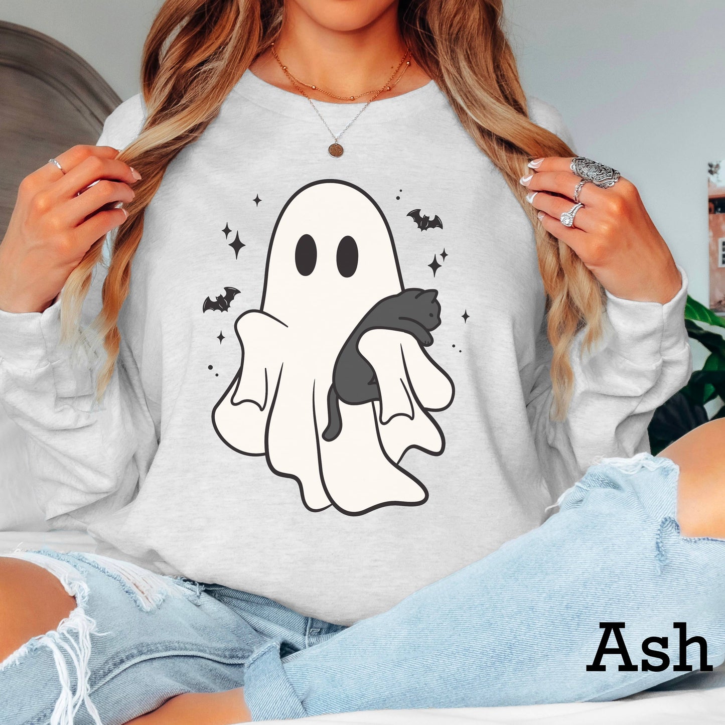 Halloween 2025 Ghost and Cat Long Sleeve Shirt | Gildan