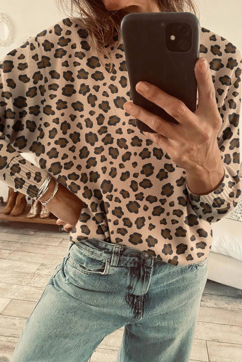 Women Western Leopard Print Dolman Sleeve Sweater