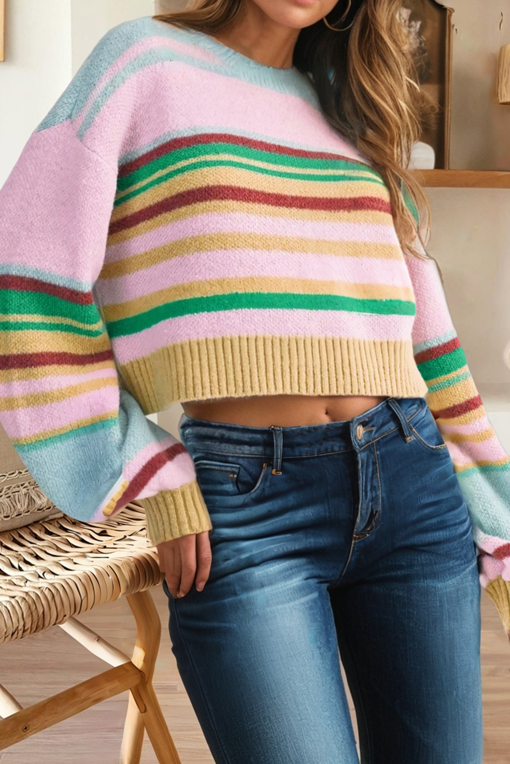 Striped Knit Ribbed Trim Boxy Fit Cropped Sweater (S-Xl)