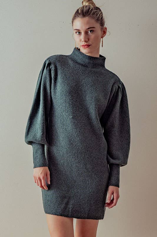 Balloon Sleeve Mock Neck Sweater Dress