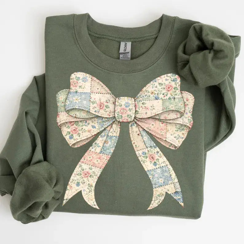 Vintage Pastel Patchwork Bow Sweatshirt