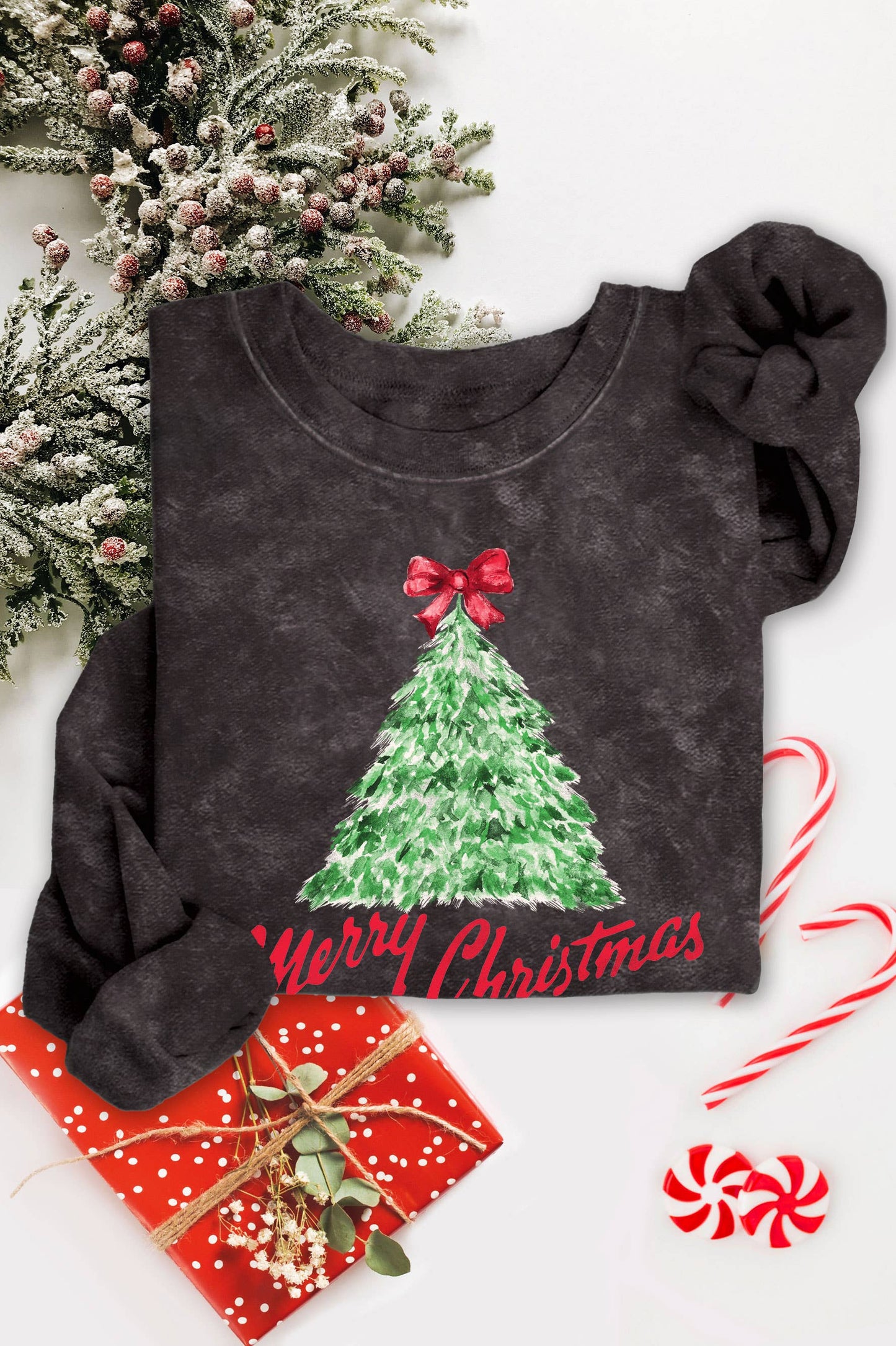 Merry Christmas Tree Graphic Mineral Brushed Sweatshirt
