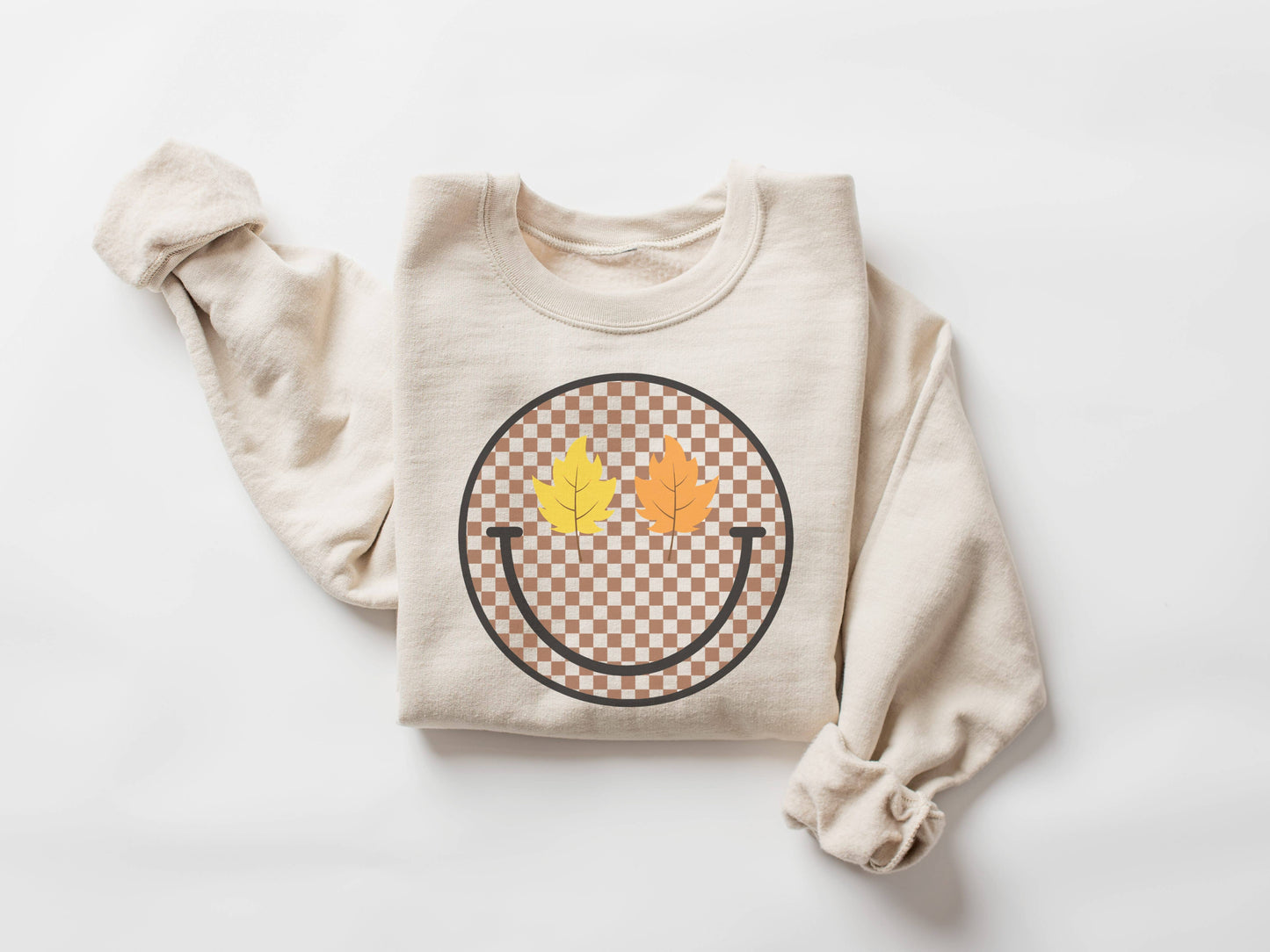 Checker Leaf Happy Face Crew Neck Sweatshirt