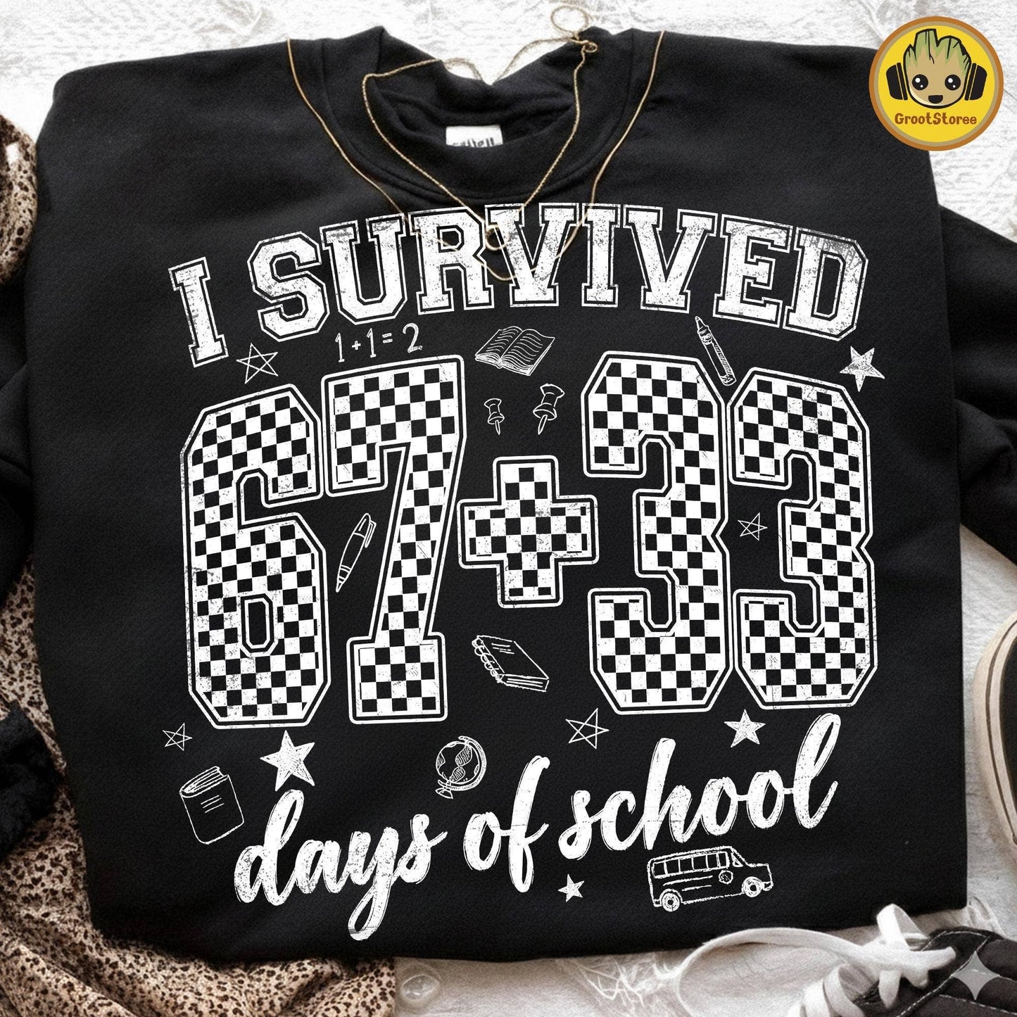 I Survived 100Th Day of School Funny Checkered Kids Shirt